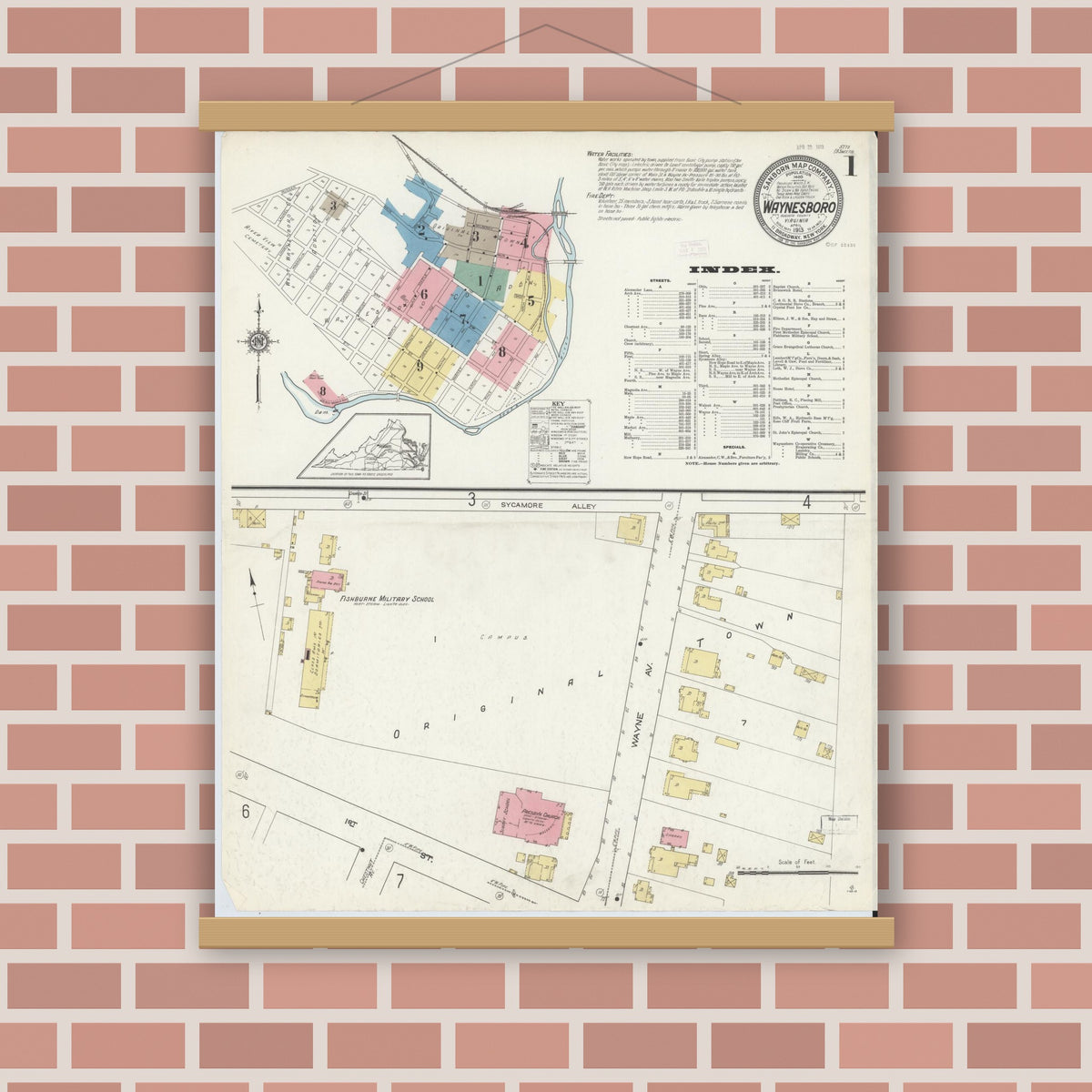 Old map wall art mockup — magnetic wood frame on brick wall — Sanborn Fire Insurance Map from Waynesboro, Independent Cities, Virginia (1913), Sheet #0001