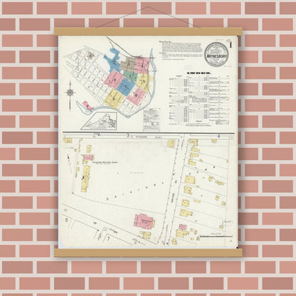 Old map wall art mockup — magnetic wood frame on brick wall — Sanborn Fire Insurance Map from Waynesboro, Independent Cities, Virginia (1913), Sheet #0001