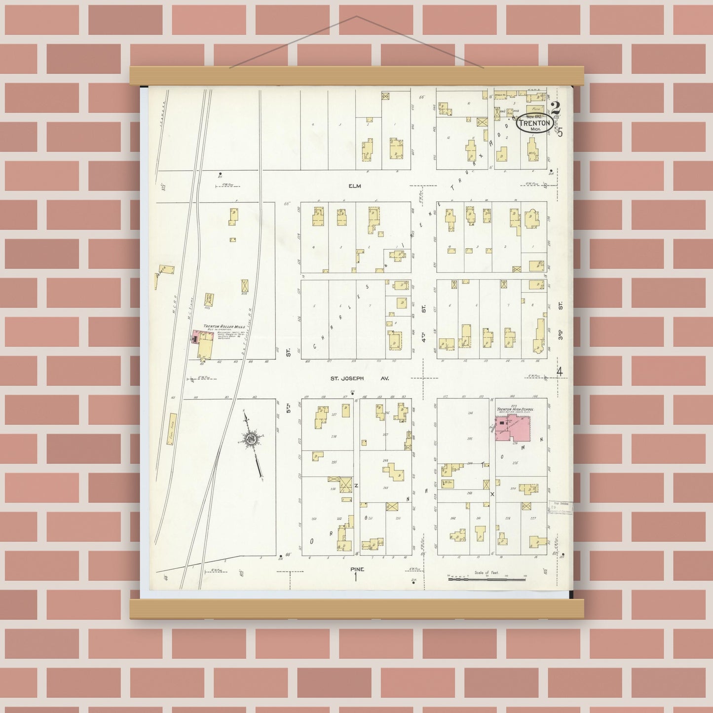 Old map wall art mockup — magnetic wood frame on brick wall — Sanborn Fire Insurance Map from Trenton, Wayne County, Michigan (1912), Sheet #0002