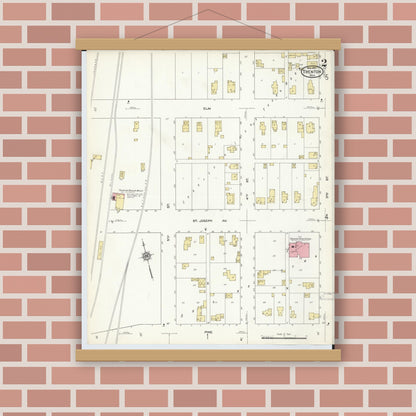 Old map wall art mockup — magnetic wood frame on brick wall — Sanborn Fire Insurance Map from Trenton, Wayne County, Michigan (1912), Sheet #0002