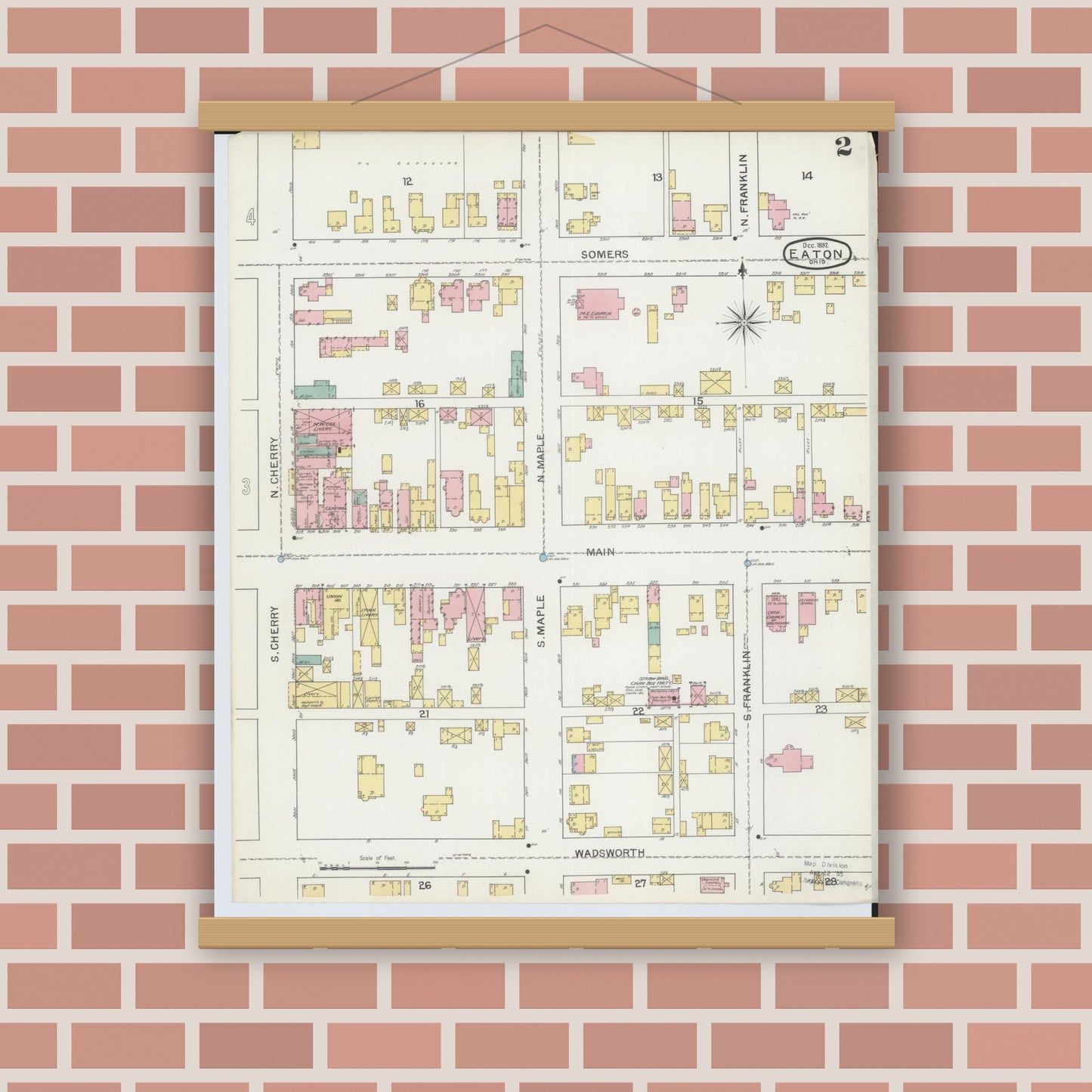 Old map wall art mockup — magnetic wood frame on brick wall — Sanborn Fire Insurance Map from Eaton, Preble County, Ohio (1892), Sheet #0002