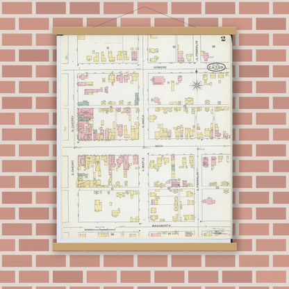 Old map wall art mockup — magnetic wood frame on brick wall — Sanborn Fire Insurance Map from Eaton, Preble County, Ohio (1892), Sheet #0002