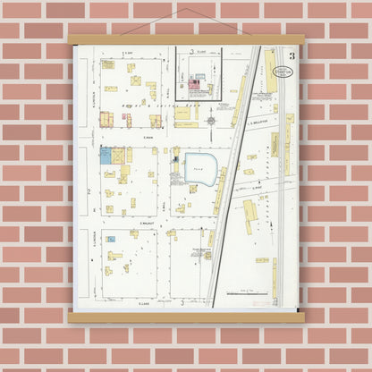 Old map wall art mockup — magnetic wood frame on brick wall — Sanborn Fire Insurance Map from Stanton, Montcalm County, Michigan (1911), Sheet #0003