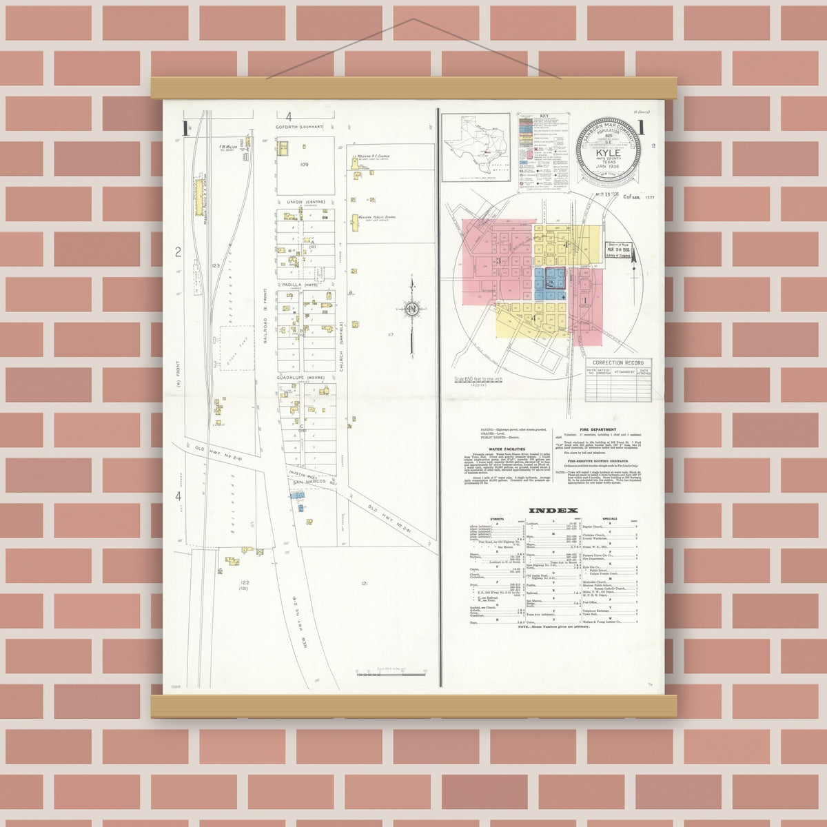 Old map wall art mockup — magnetic wood frame on brick wall — Sanborn Fire Insurance Map from Kyle, Hays County, Texas (1936) - Complete Map Set