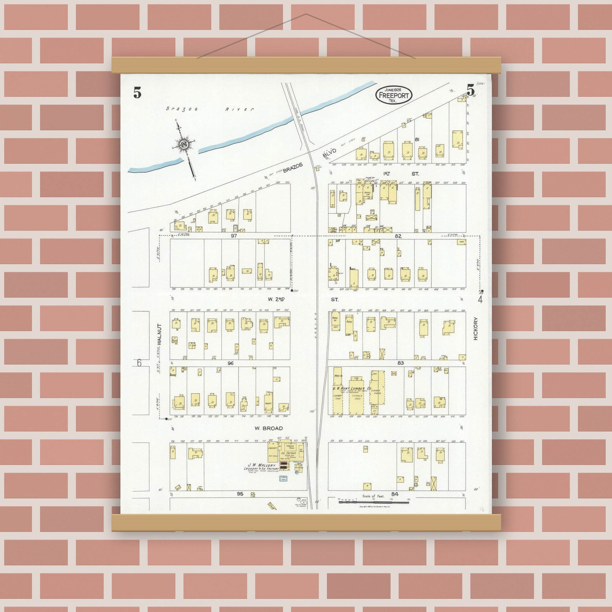 Old map wall art mockup — magnetic wood frame on brick wall — Sanborn Fire Insurance Map from Freeport, Brazoria County, Texas (1926), Sheet #0005