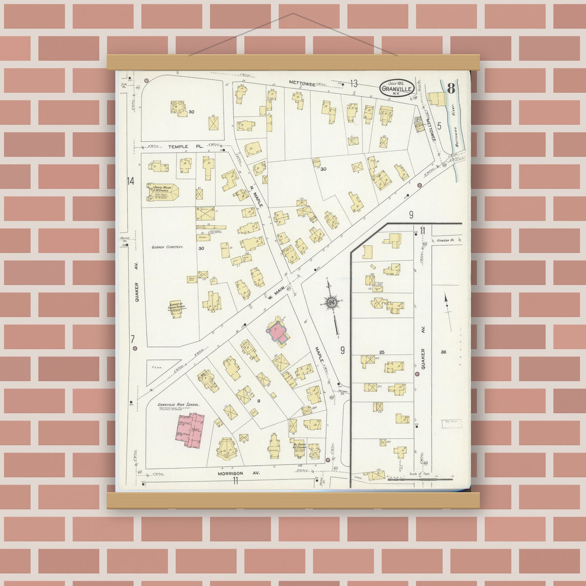 Old map wall art mockup — magnetic wood frame on brick wall — Sanborn Fire Insurance Map from Granville, Washington County, New York (1912), Sheet #0008
