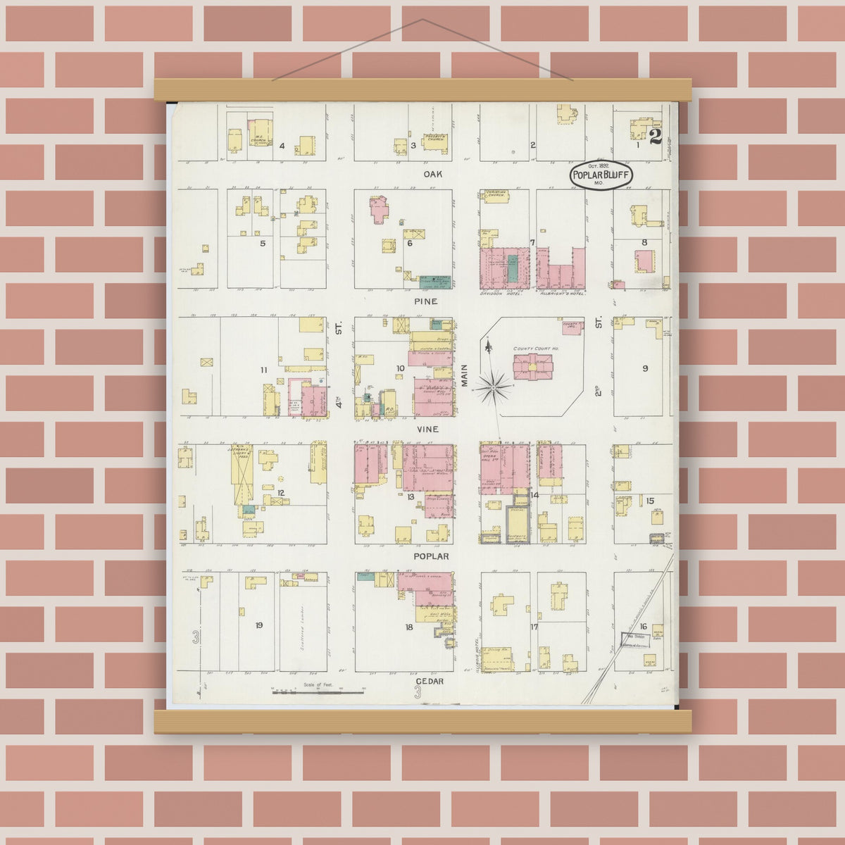 Old map wall art mockup — magnetic wood frame on brick wall — Sanborn Fire Insurance Map from Poplar Bluff, Butler County, Missouri (1892), Sheet #0002