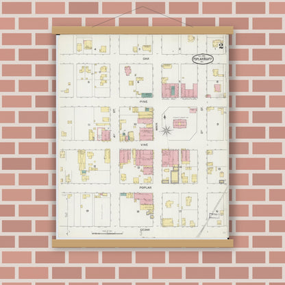 Old map wall art mockup — magnetic wood frame on brick wall — Sanborn Fire Insurance Map from Poplar Bluff, Butler County, Missouri (1892), Sheet #0002
