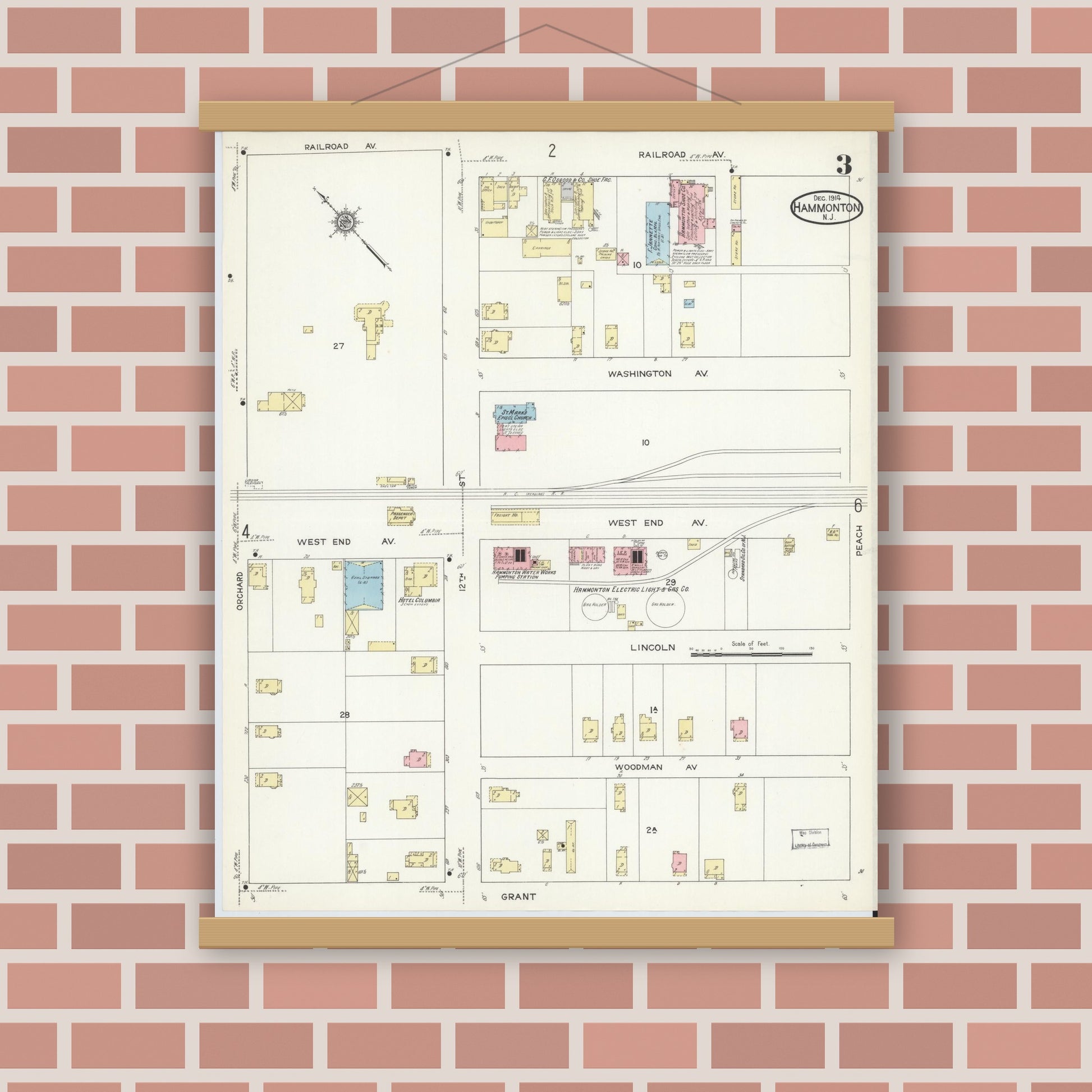 Old map wall art mockup — magnetic wood frame on brick wall — Sanborn Fire Insurance Map from Hammonton, Atlantic County, New Jersey (1914), Sheet #0003