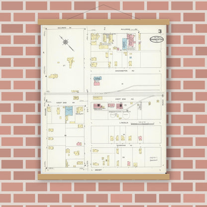 Old map wall art mockup — magnetic wood frame on brick wall — Sanborn Fire Insurance Map from Hammonton, Atlantic County, New Jersey (1914), Sheet #0003