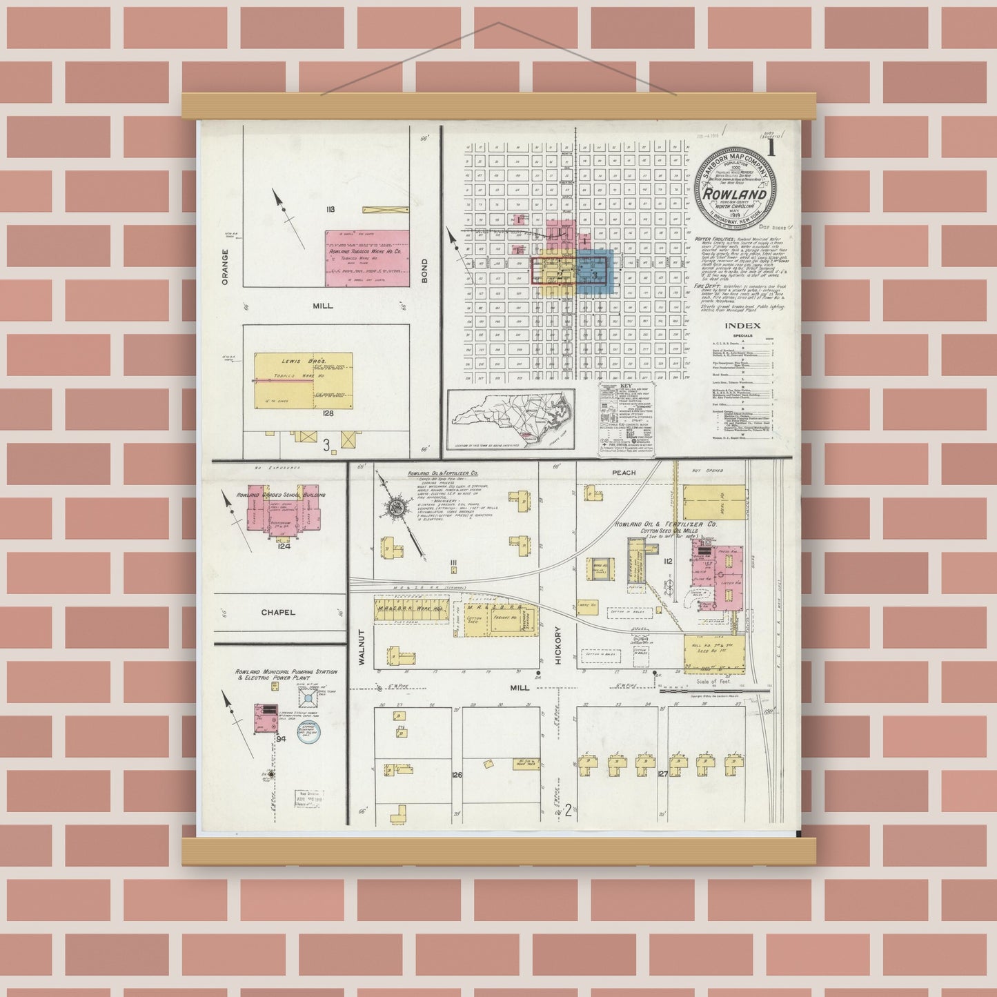 Old map wall art mockup — magnetic wood frame on brick wall — Sanborn Fire Insurance Map from Rowland, Robeson County, North Carolina (1919) - Complete Map Set