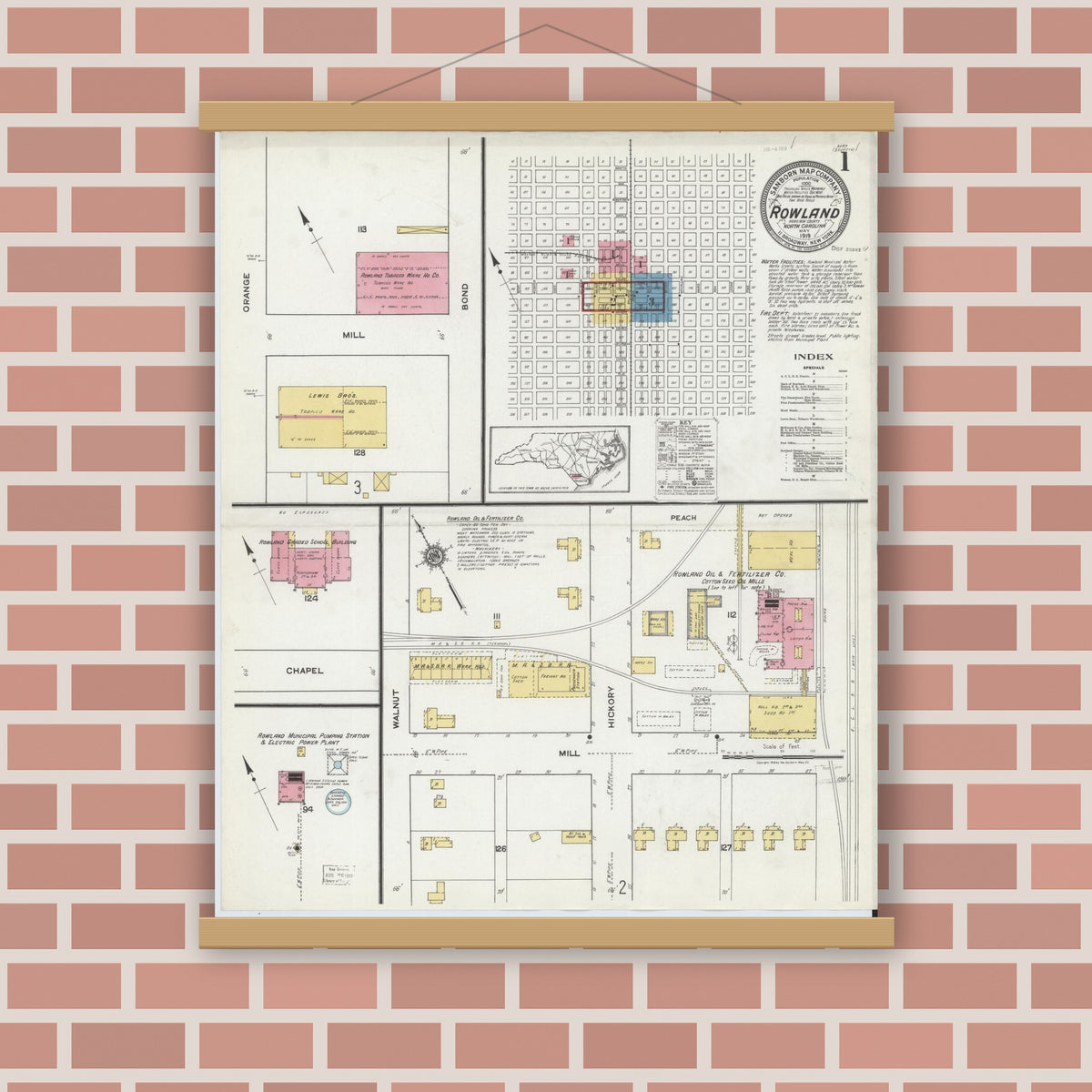 Old map wall art mockup — magnetic wood frame on brick wall — Sanborn Fire Insurance Map from Rowland, Robeson County, North Carolina (1919) - Complete Map Set