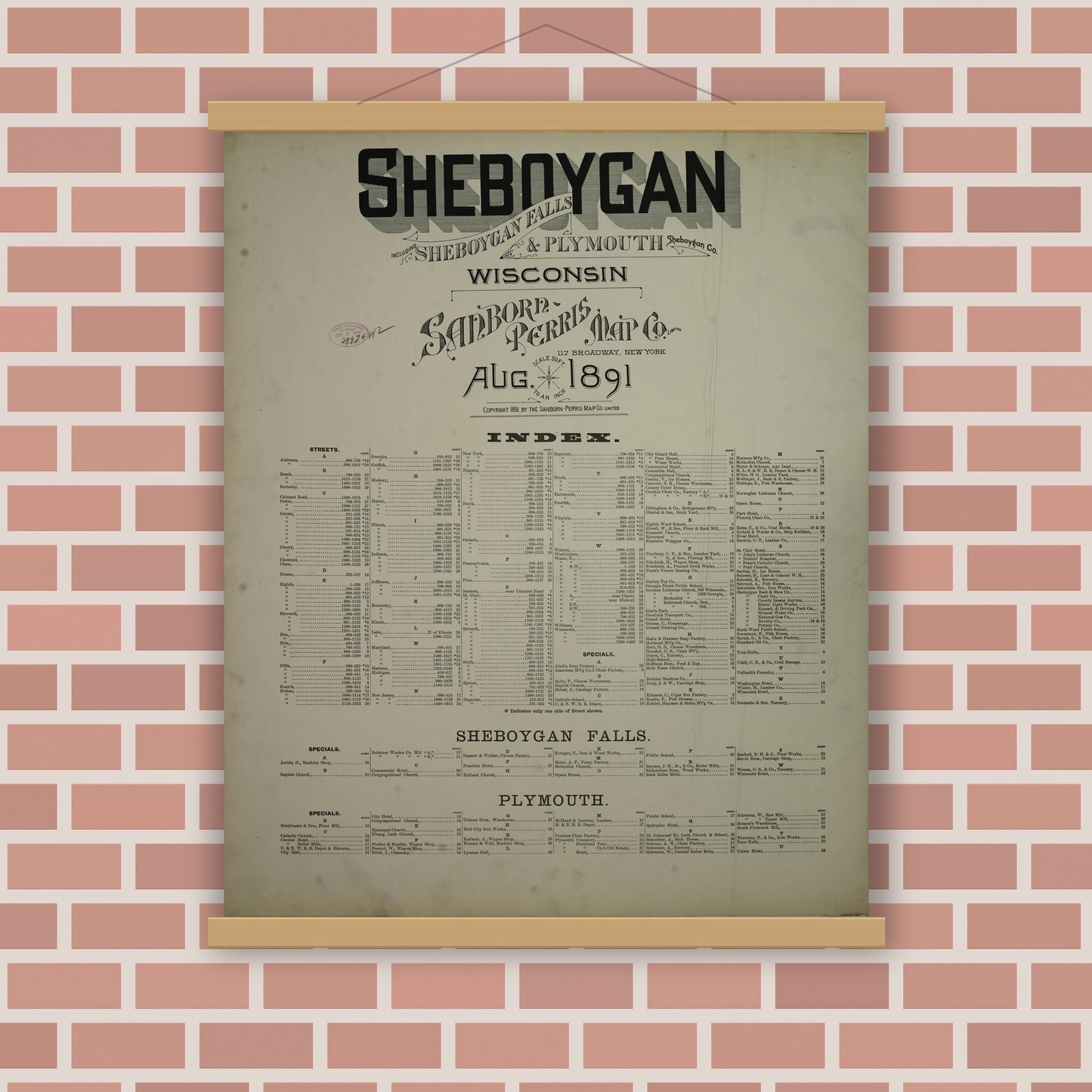 Old map wall art mockup — magnetic wood frame on brick wall — Sanborn Fire Insurance Map from Sheboygan, Sheboygan County, Wisconsin (1891), Sheet #0001