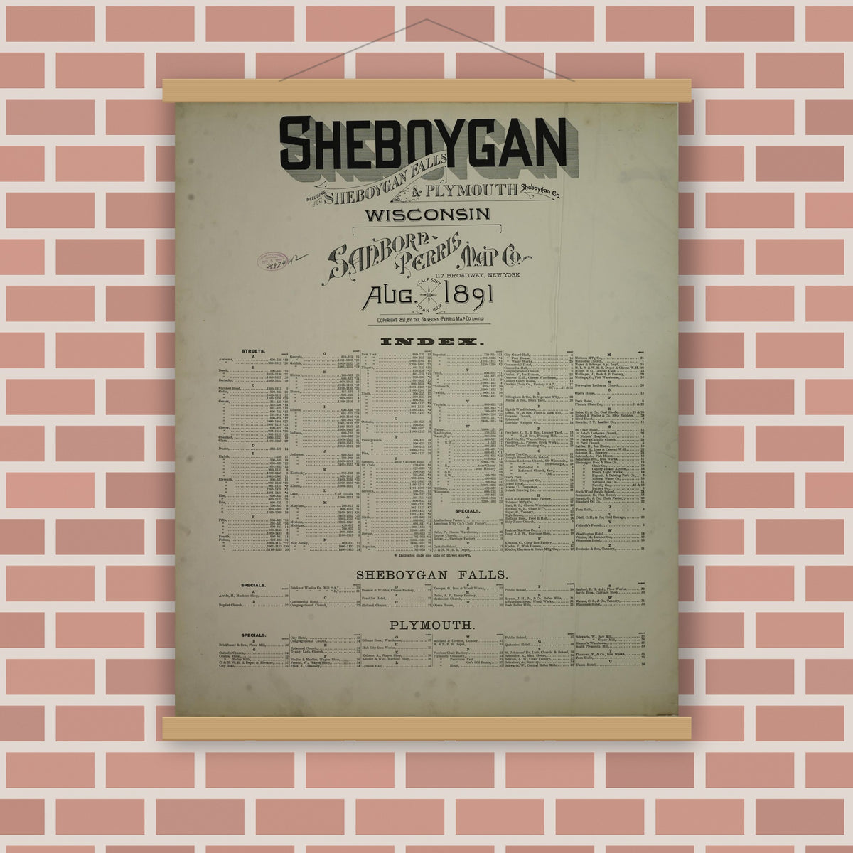 Old map wall art mockup — magnetic wood frame on brick wall — Sanborn Fire Insurance Map from Sheboygan, Sheboygan County, Wisconsin (1891), Sheet #0001
