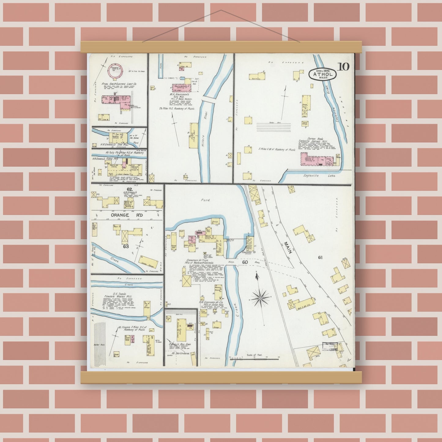 Old map wall art mockup — magnetic wood frame on brick wall — Sanborn Fire Insurance Map from Athol, Worcester County, Massachusetts (1892), Sheet #0010