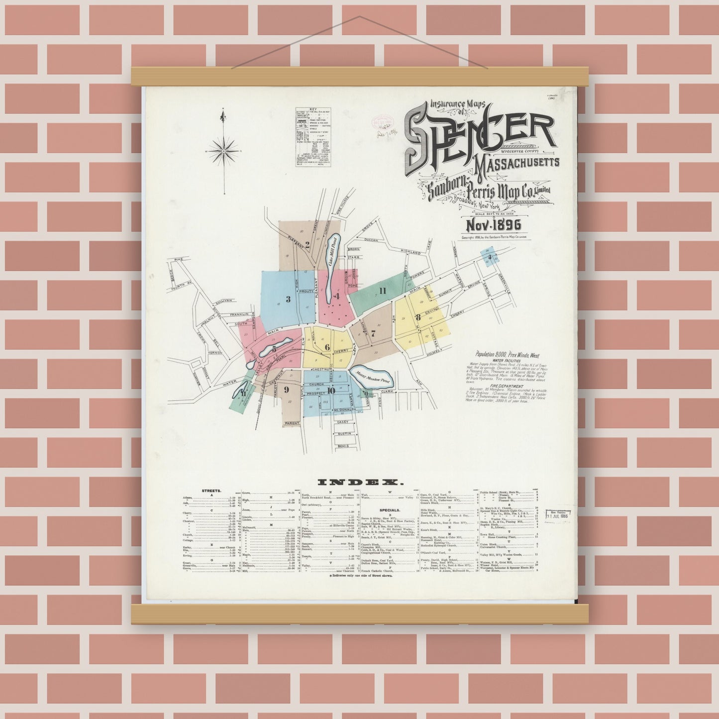 Old map wall art mockup — magnetic wood frame on brick wall — Sanborn Fire Insurance Map from Spencer, Worcester County, Massachusetts (1896), Sheet #0001