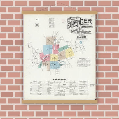 Old map wall art mockup — magnetic wood frame on brick wall — Sanborn Fire Insurance Map from Spencer, Worcester County, Massachusetts (1896), Sheet #0001