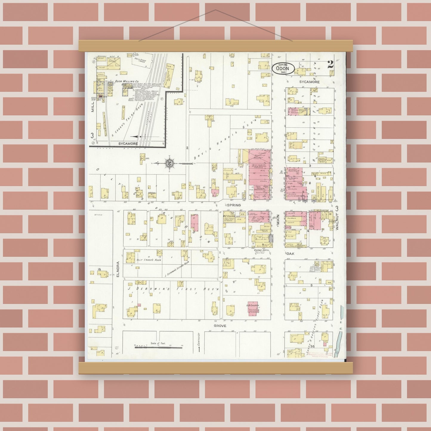 Old map wall art mockup — magnetic wood frame on brick wall — Sanborn Fire Insurance Map from Odon, Daviess County, Indiana (1913), Sheet #0002