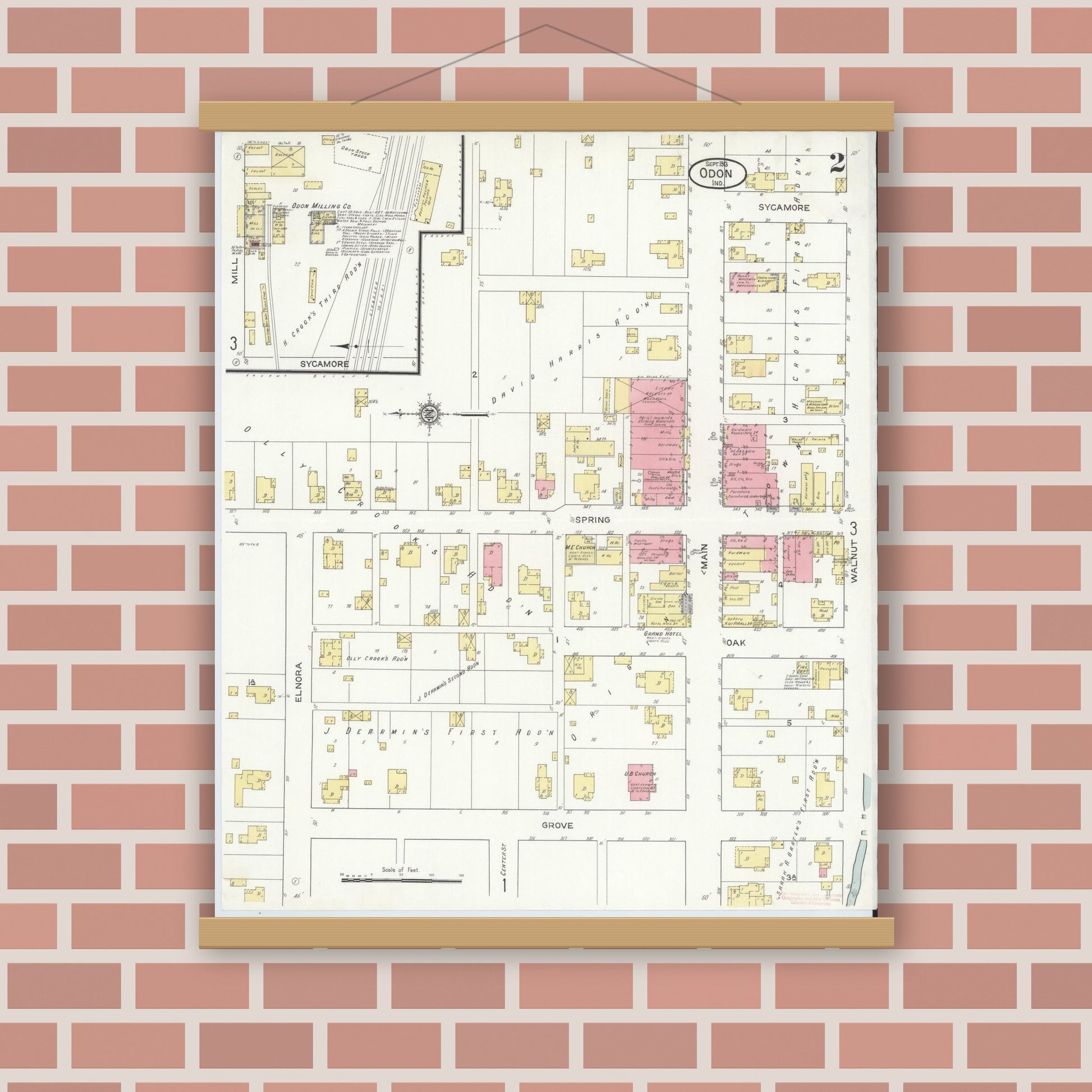 Old map wall art mockup — magnetic wood frame on brick wall — Sanborn Fire Insurance Map from Odon, Daviess County, Indiana (1913), Sheet #0002