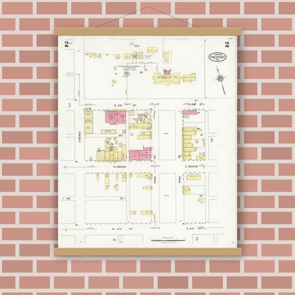 Old map wall art mockup — magnetic wood frame on brick wall — Sanborn Fire Insurance Map from Freeport, Brazoria County, Texas (1926), Sheet #0002