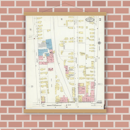 Old map wall art mockup — magnetic wood frame on brick wall — Sanborn Fire Insurance Map from Greenfield, Franklin County, Massachusetts (1914), Sheet #0002
