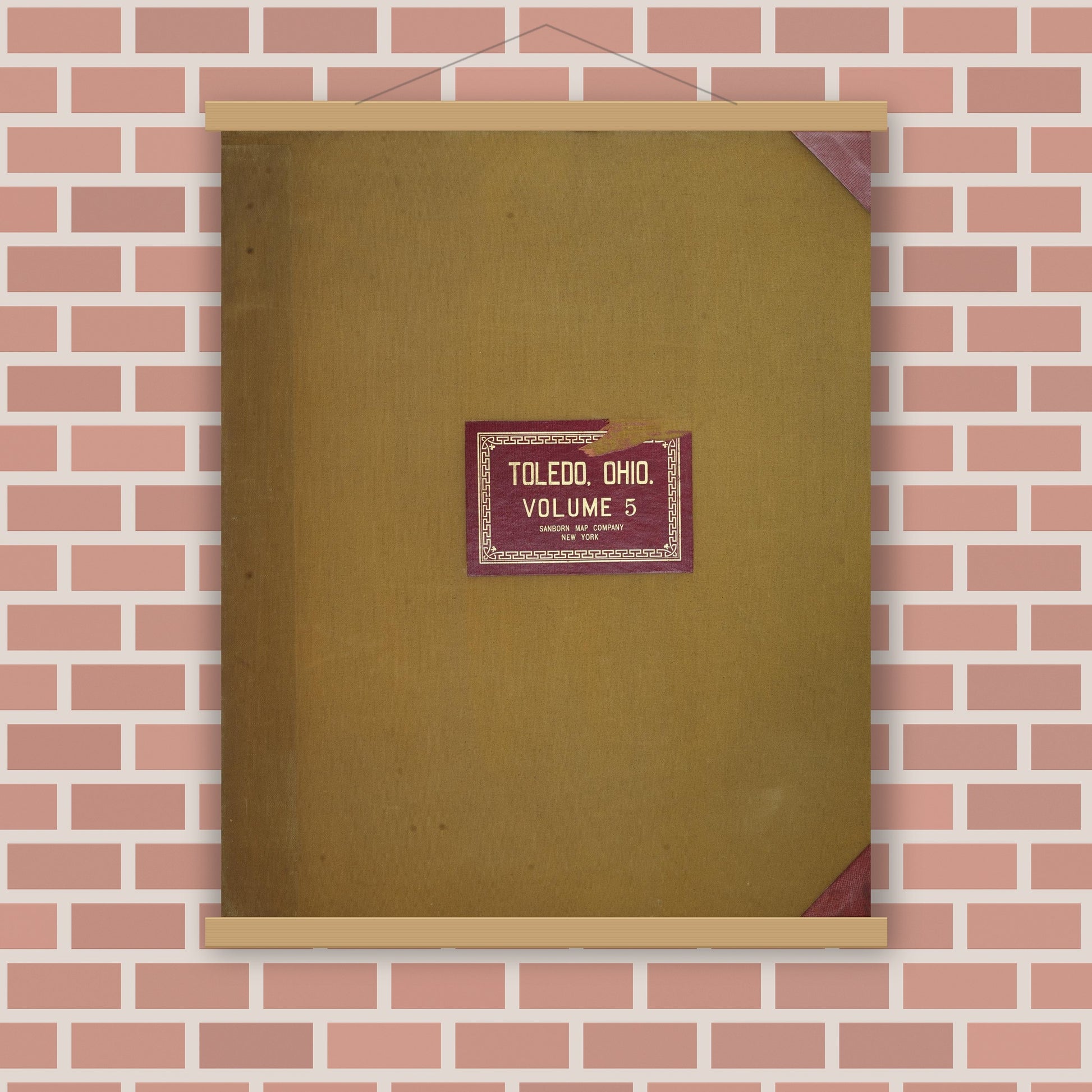 Old map wall art mockup — magnetic wood frame on brick wall — Sanborn Fire Insurance Map from Toledo, Lucas County, Ohio (1950), Sheet #0001