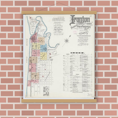 Old map wall art mockup — magnetic wood frame on brick wall — Sanborn Fire Insurance Map from Ironton, Lawrence County, Ohio (1889), Sheet #0001