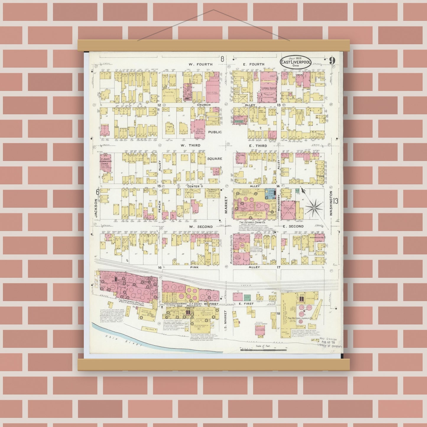 Old map wall art mockup — magnetic wood frame on brick wall — Sanborn Fire Insurance Map from East Liverpool, Columbiana County, Ohio (1908), Sheet #0009