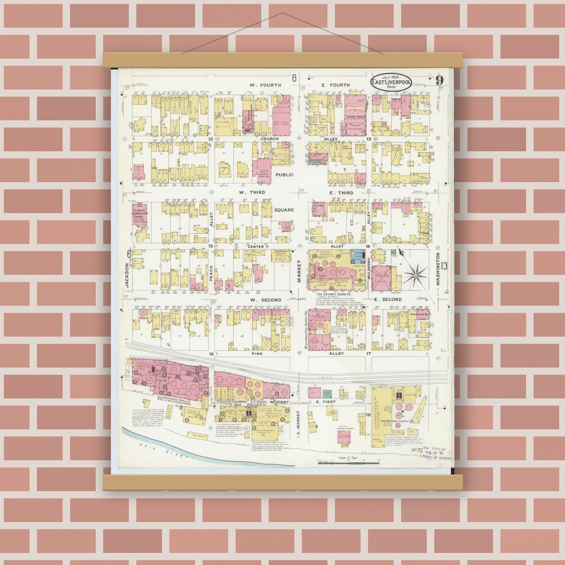 Old map wall art mockup — magnetic wood frame on brick wall — Sanborn Fire Insurance Map from East Liverpool, Columbiana County, Ohio (1908), Sheet #0009