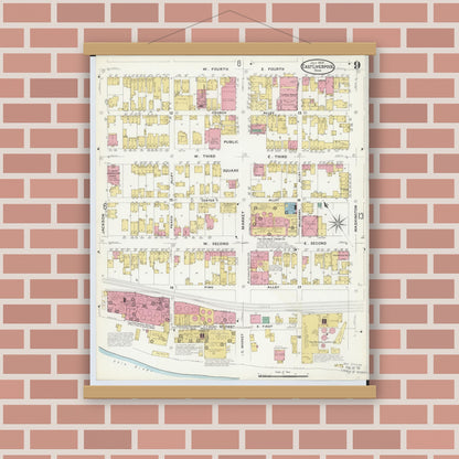 Old map wall art mockup — magnetic wood frame on brick wall — Sanborn Fire Insurance Map from East Liverpool, Columbiana County, Ohio (1908), Sheet #0009