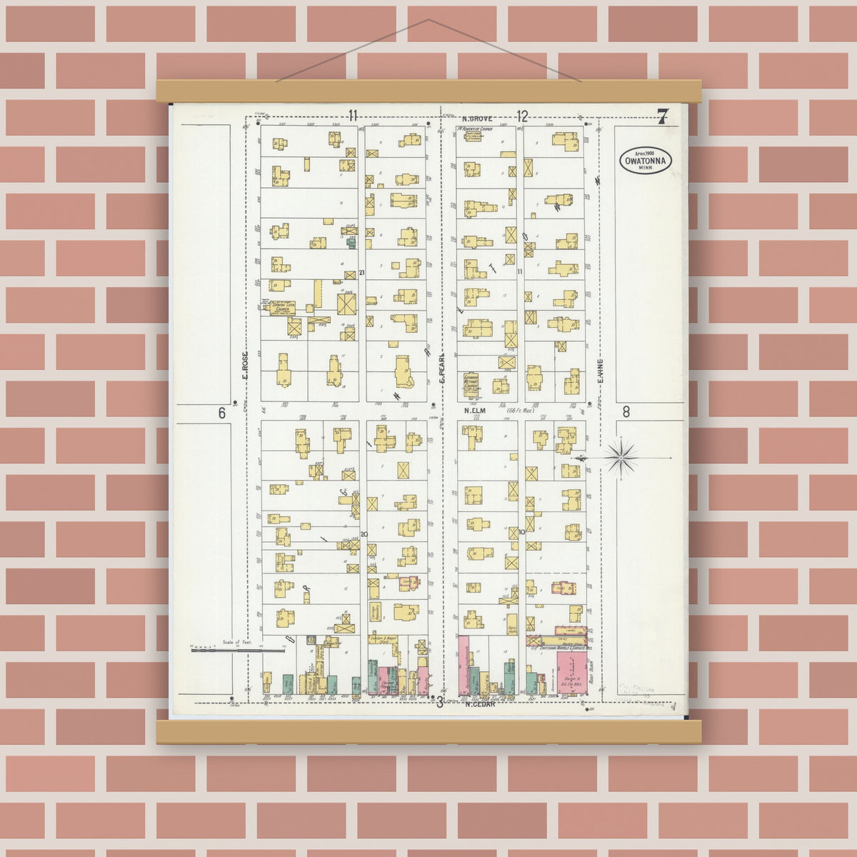 Old map wall art mockup — magnetic wood frame on brick wall — Sanborn Fire Insurance Map from Owatonna, Steele County, Minnesota (1900), Sheet #0007