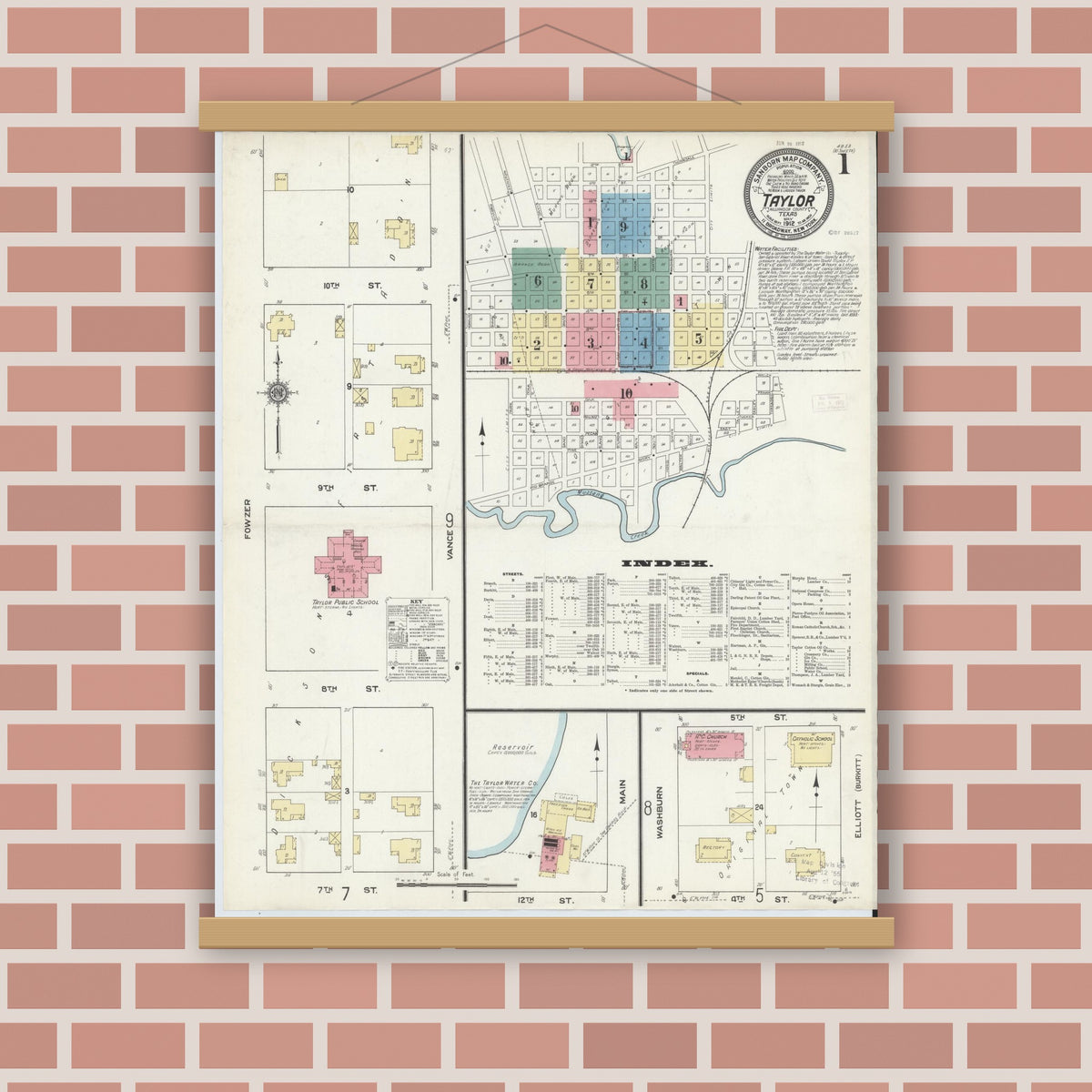 Old map wall art mockup — magnetic wood frame on brick wall — Sanborn Fire Insurance Map from Taylor, Williamson County, Texas (1912), Sheet #0001