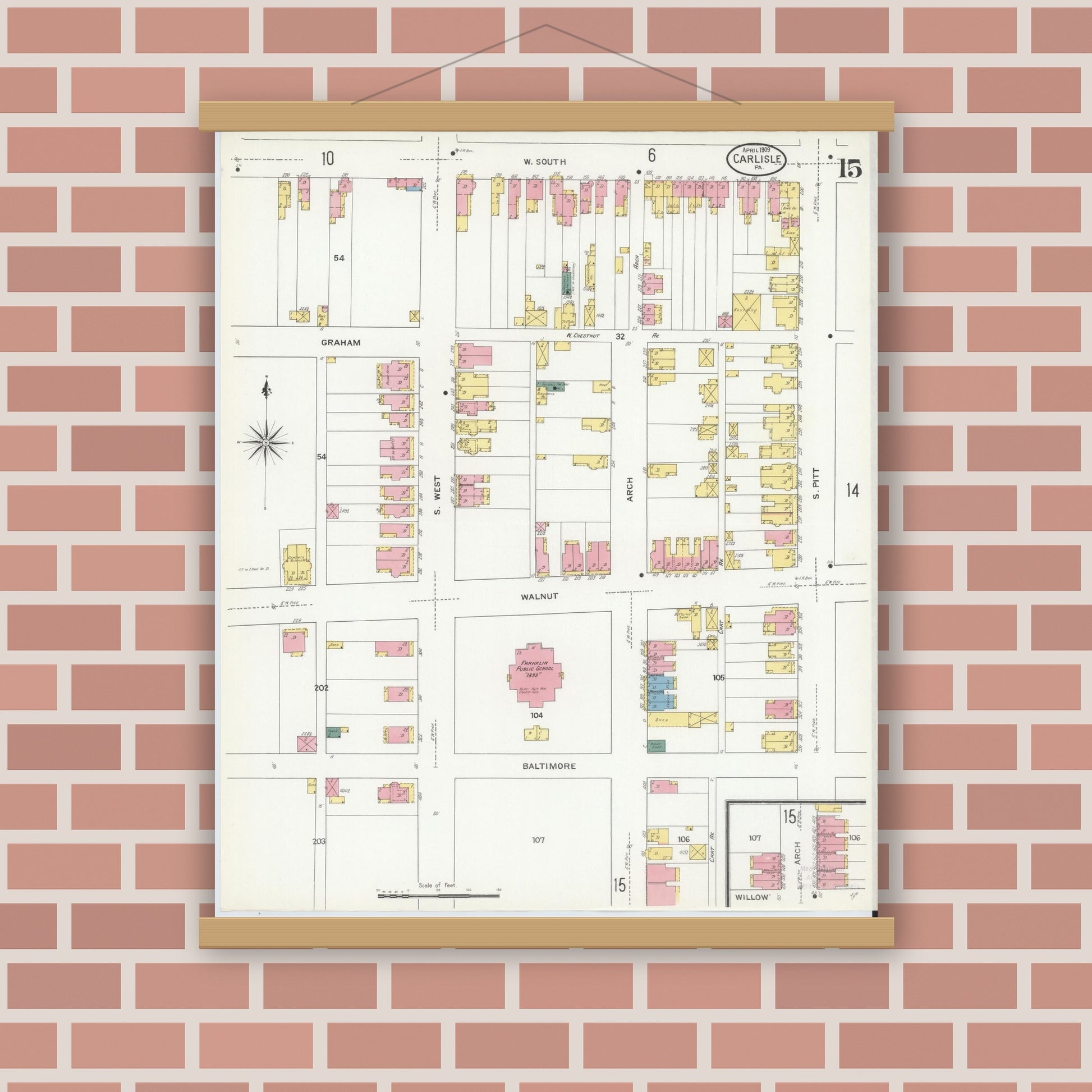 Old map wall art mockup — magnetic wood frame on brick wall — Sanborn Fire Insurance Map from Carlisle, Cumberland County, Pennsylvania (1909), Sheet #0015