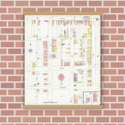 Old map wall art mockup — magnetic wood frame on brick wall — Sanborn Fire Insurance Map from Carlisle, Cumberland County, Pennsylvania (1909), Sheet #0015
