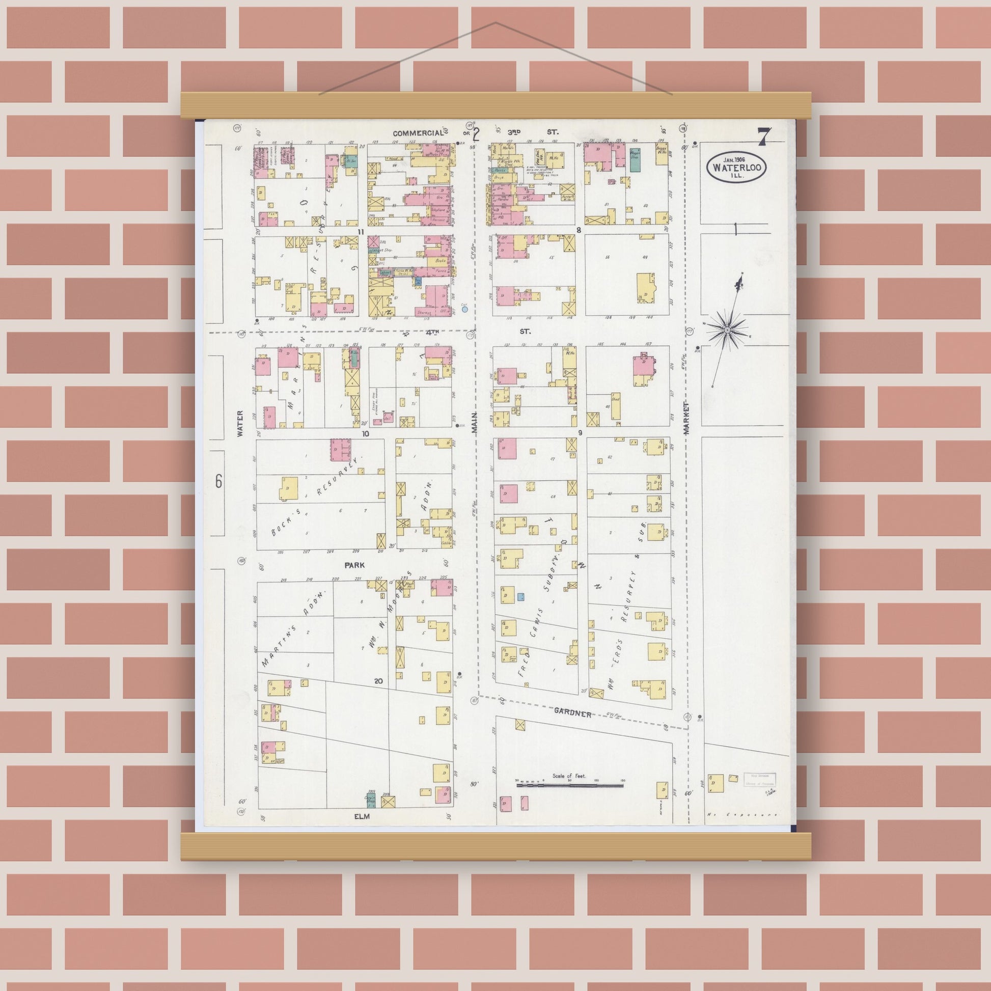 Old map wall art mockup — magnetic wood frame on brick wall — Sanborn Fire Insurance Map from Waterloo, Monroe County, Illinois (1906), Sheet #0007