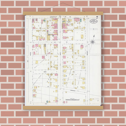 Old map wall art mockup — magnetic wood frame on brick wall — Sanborn Fire Insurance Map from Waterloo, Monroe County, Illinois (1906), Sheet #0007