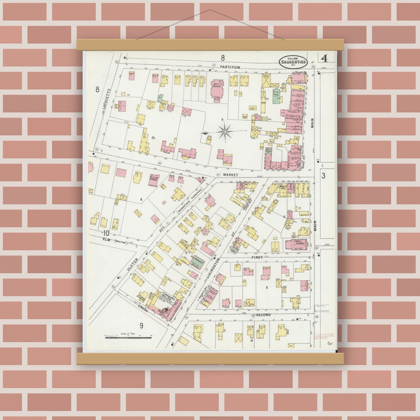 Old map wall art mockup — magnetic wood frame on brick wall — Sanborn Fire Insurance Map from Saugerties, Ulster County, New York (1898), Sheet #0004
