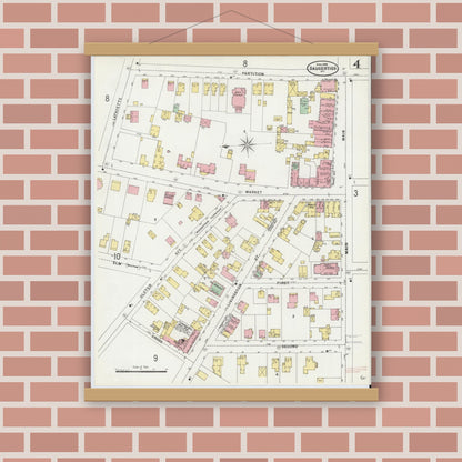 Old map wall art mockup — magnetic wood frame on brick wall — Sanborn Fire Insurance Map from Saugerties, Ulster County, New York (1898), Sheet #0004