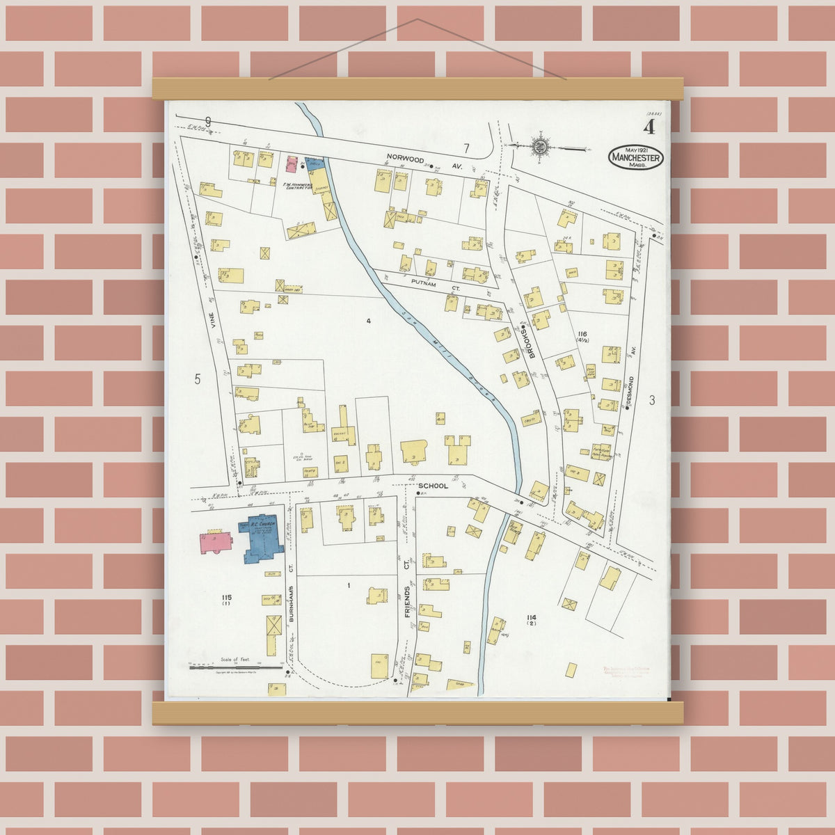 Old map wall art mockup — magnetic wood frame on brick wall — Sanborn Fire Insurance Map from Manchester, Essex County, Massachusetts (1921), Sheet #0004