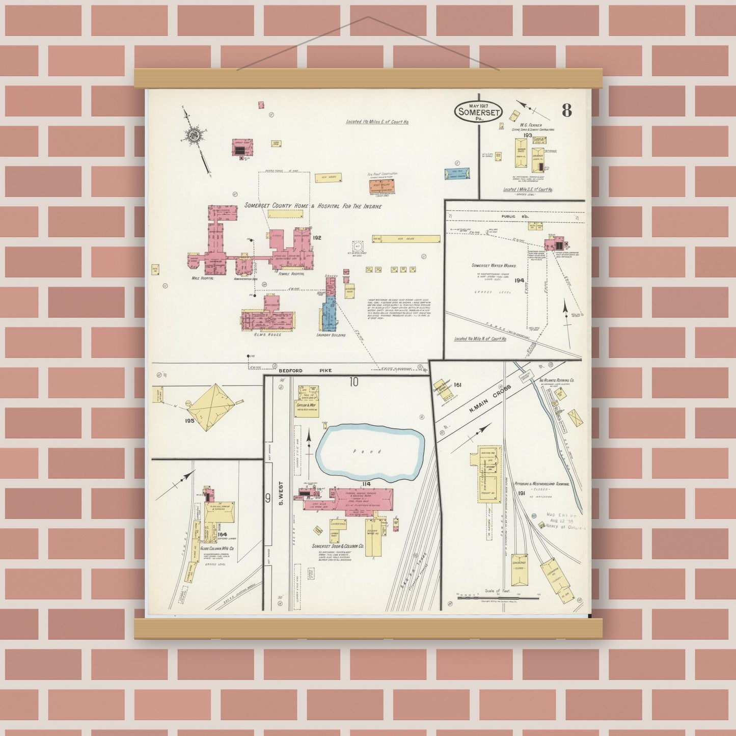 Old map wall art mockup — magnetic wood frame on brick wall — Sanborn Fire Insurance Map from Somerset, Somerset County, Pennsylvania (1917), Sheet #0008