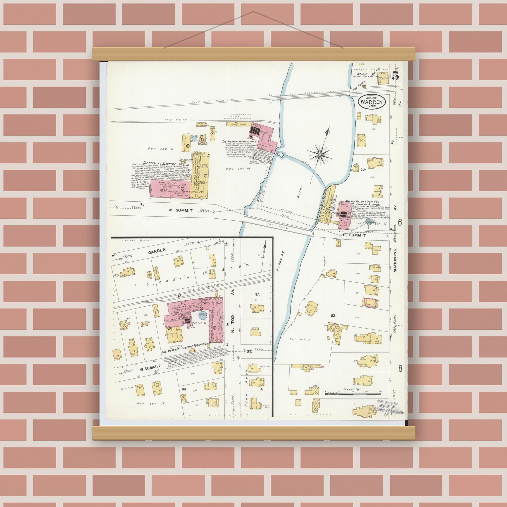 Old map wall art mockup — magnetic wood frame on brick wall — Sanborn Fire Insurance Map from Warren, Trumbull County, Ohio (1908), Sheet #0005