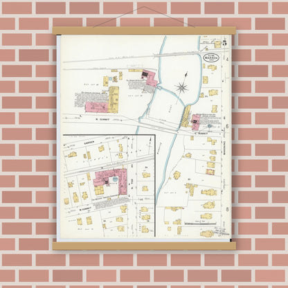 Old map wall art mockup — magnetic wood frame on brick wall — Sanborn Fire Insurance Map from Warren, Trumbull County, Ohio (1908), Sheet #0005