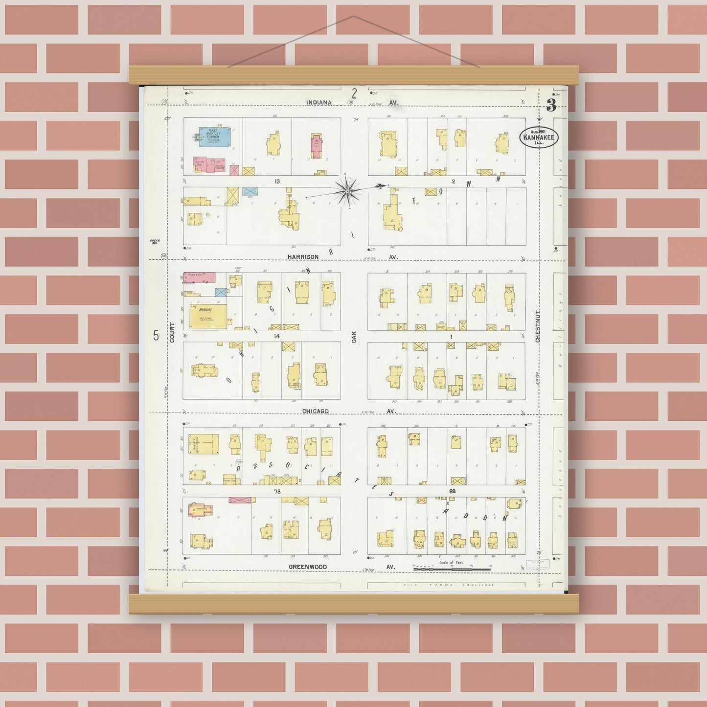 Old map wall art mockup — magnetic wood frame on brick wall — Sanborn Fire Insurance Map from Kankakee, Kankakee County, Illinois (1901), Sheet #0003