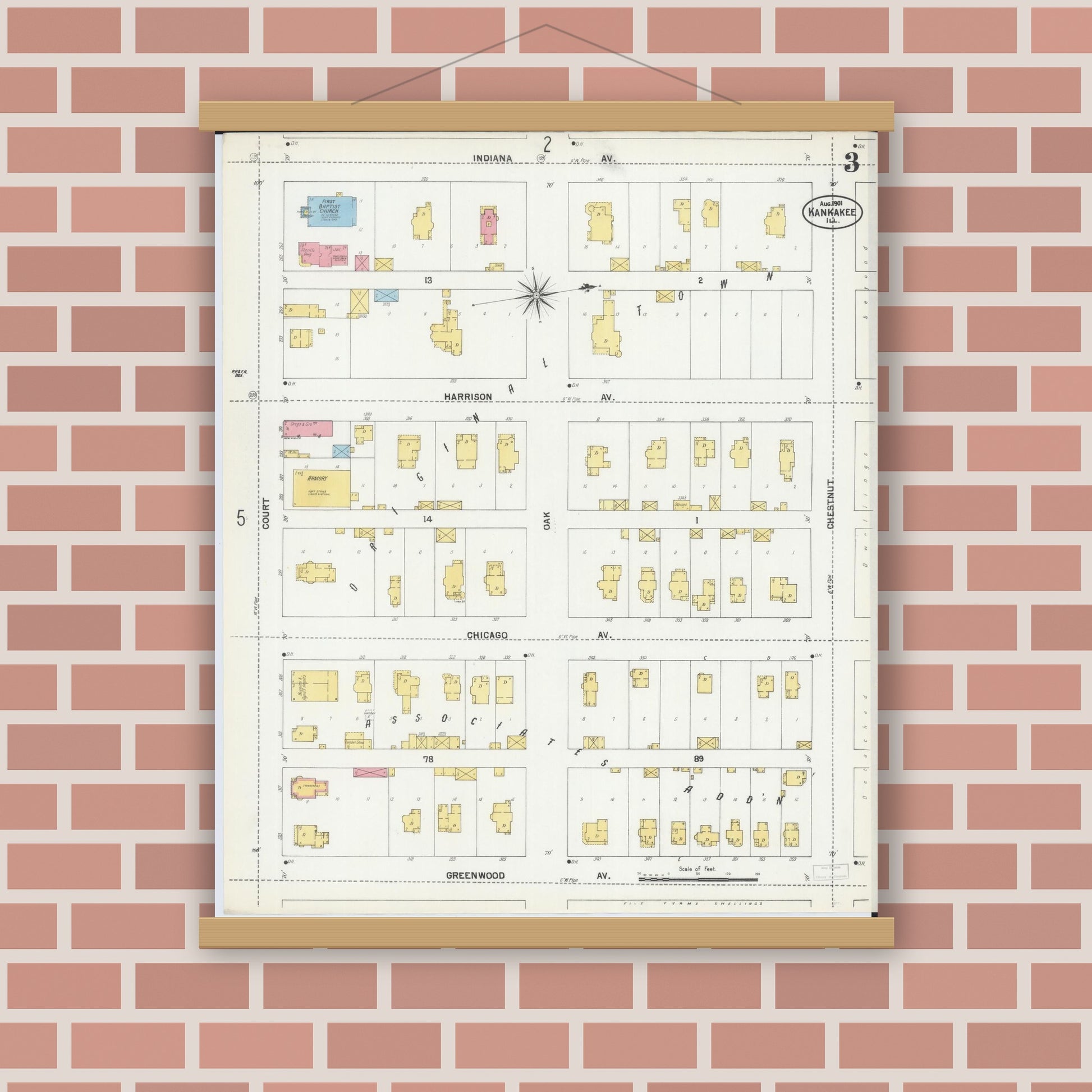 Old map wall art mockup — magnetic wood frame on brick wall — Sanborn Fire Insurance Map from Kankakee, Kankakee County, Illinois (1901), Sheet #0003