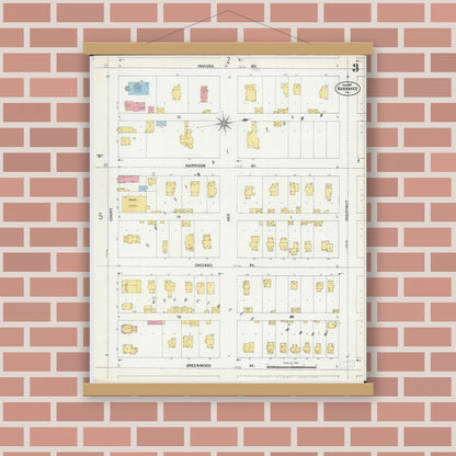 Old map wall art mockup — magnetic wood frame on brick wall — Sanborn Fire Insurance Map from Kankakee, Kankakee County, Illinois (1901), Sheet #0003