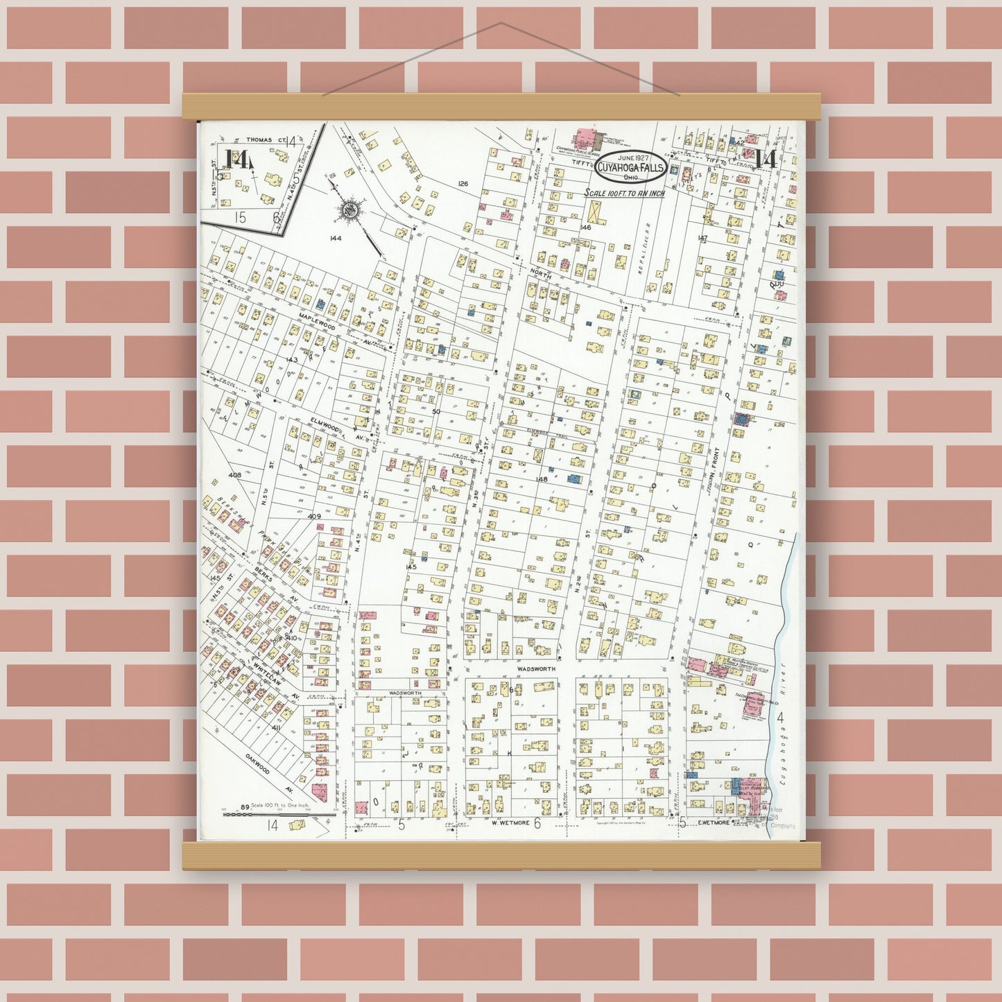 Old map wall art mockup — magnetic wood frame on brick wall — Sanborn Fire Insurance Map from Cuyahoga Falls, Summit County, Ohio (1927), Sheet #0014