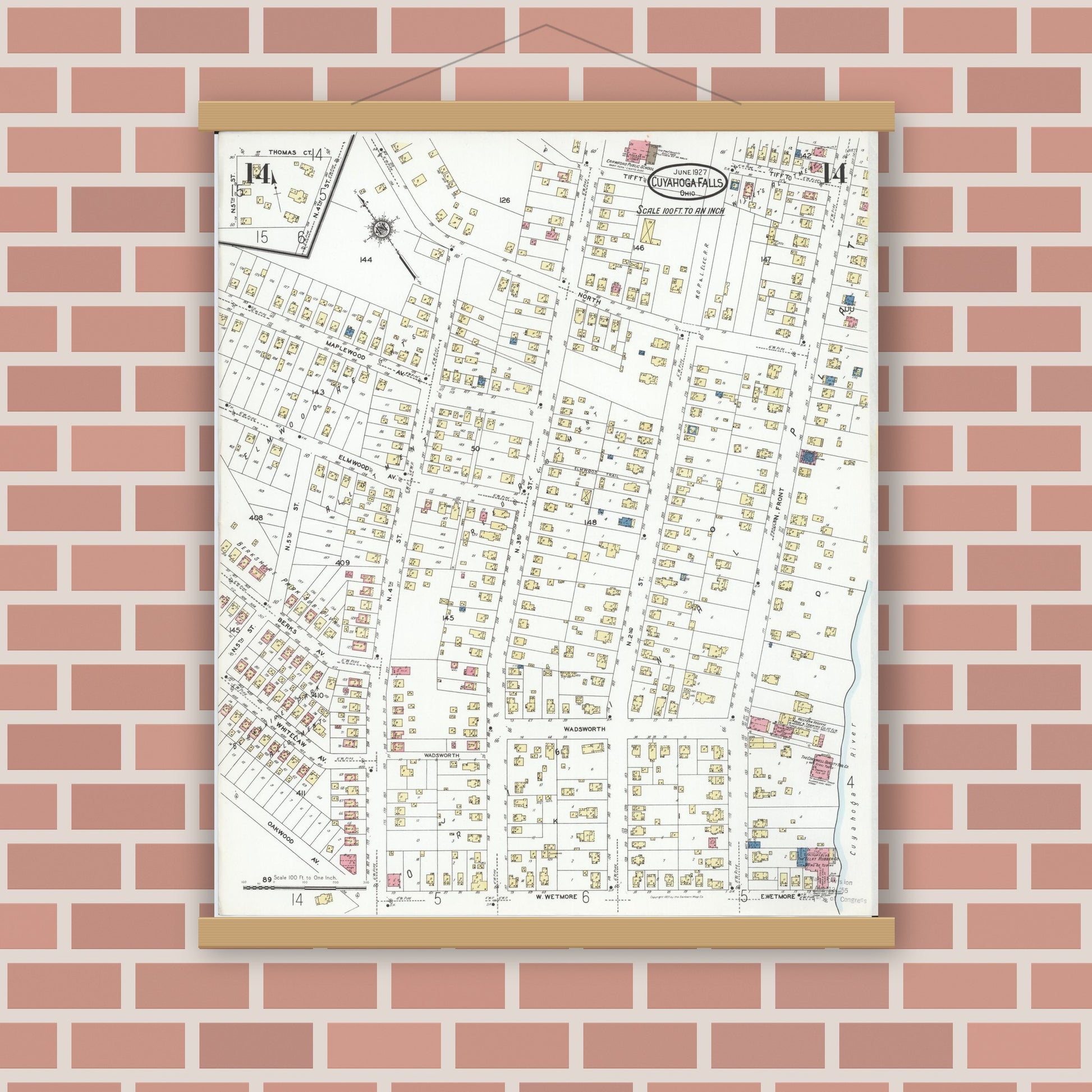 Old map wall art mockup — magnetic wood frame on brick wall — Sanborn Fire Insurance Map from Cuyahoga Falls, Summit County, Ohio (1927), Sheet #0014