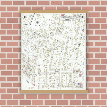 Old map wall art mockup — magnetic wood frame on brick wall — Sanborn Fire Insurance Map from Cuyahoga Falls, Summit County, Ohio (1927), Sheet #0014