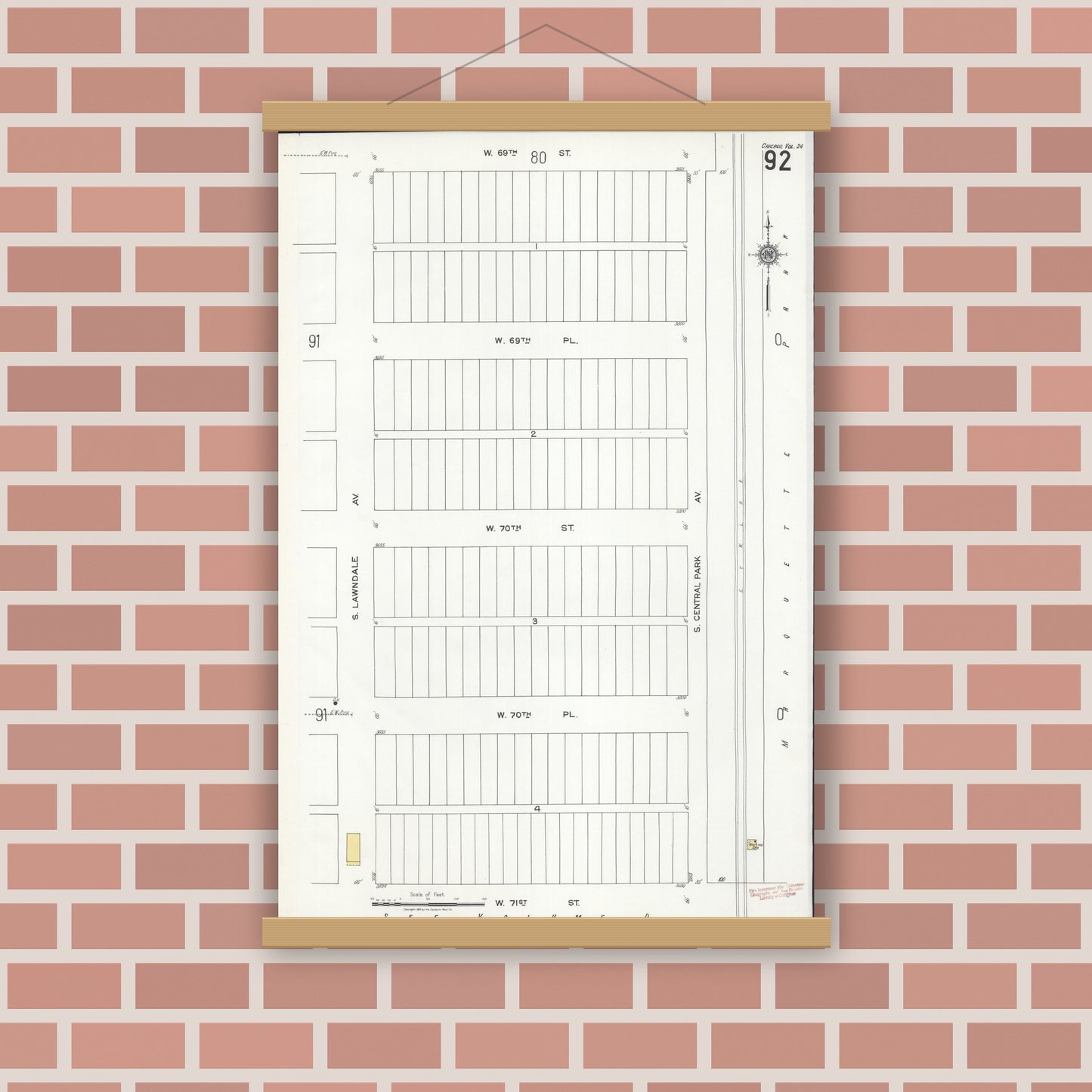 Old map wall art mockup — magnetic wood frame on brick wall — Sanborn Fire Insurance Map from Chicago, Cook County, Illinois (1920), Sheet #0092
