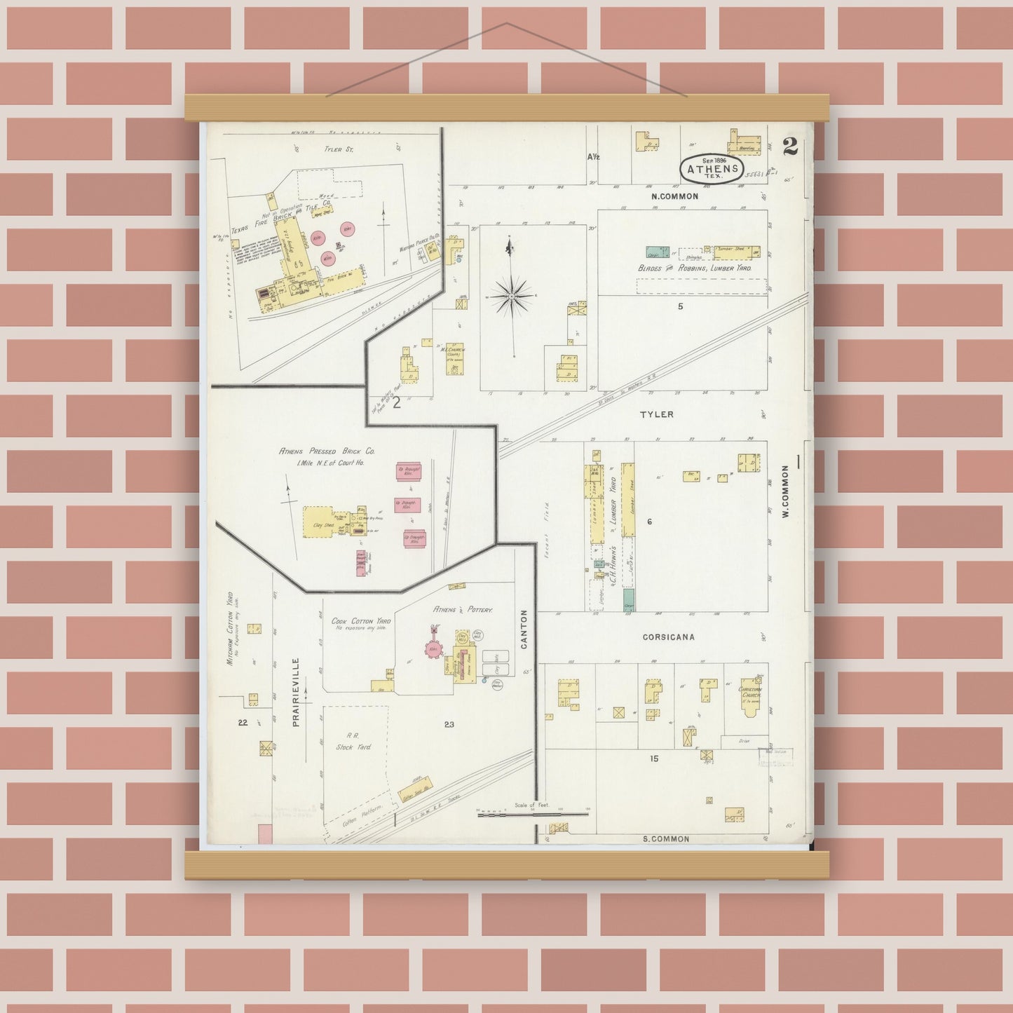 Old map wall art mockup — magnetic wood frame on brick wall — Sanborn Fire Insurance Map from Athens, Henderson County, Texas (1896), Sheet #0002